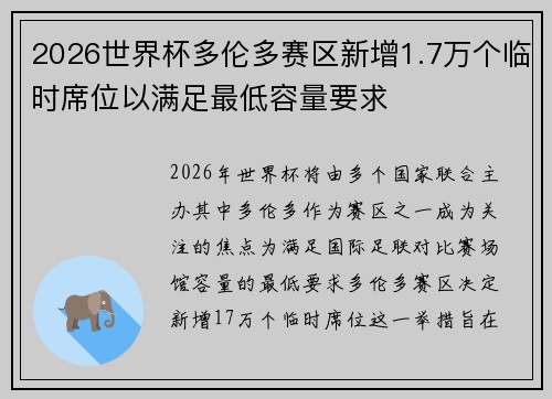 2026世界杯多伦多赛区新增1.7万个临时席位以满足最低容量要求
