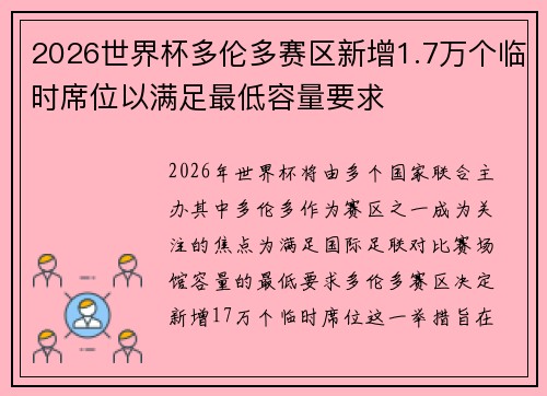2026世界杯多伦多赛区新增1.7万个临时席位以满足最低容量要求