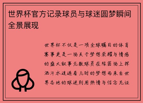 世界杯官方记录球员与球迷圆梦瞬间全景展现