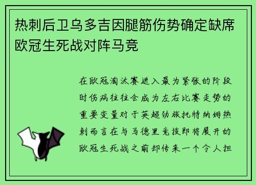 热刺后卫乌多吉因腿筋伤势确定缺席欧冠生死战对阵马竞
